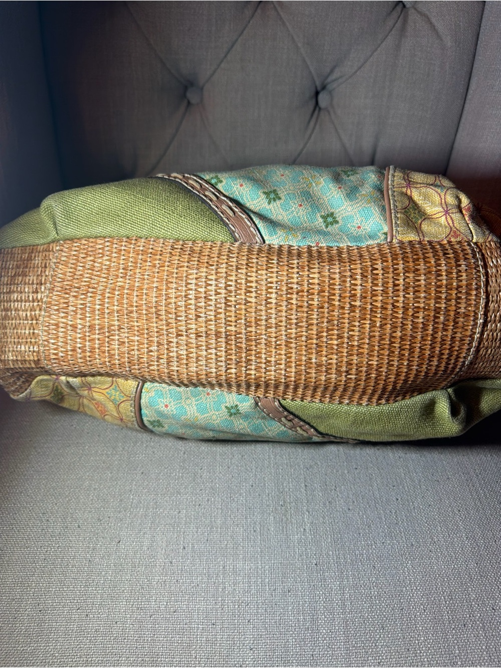 Vintage Fossil Patchwork Hobo Bag With Wooden Handle - Picture 5 of 10